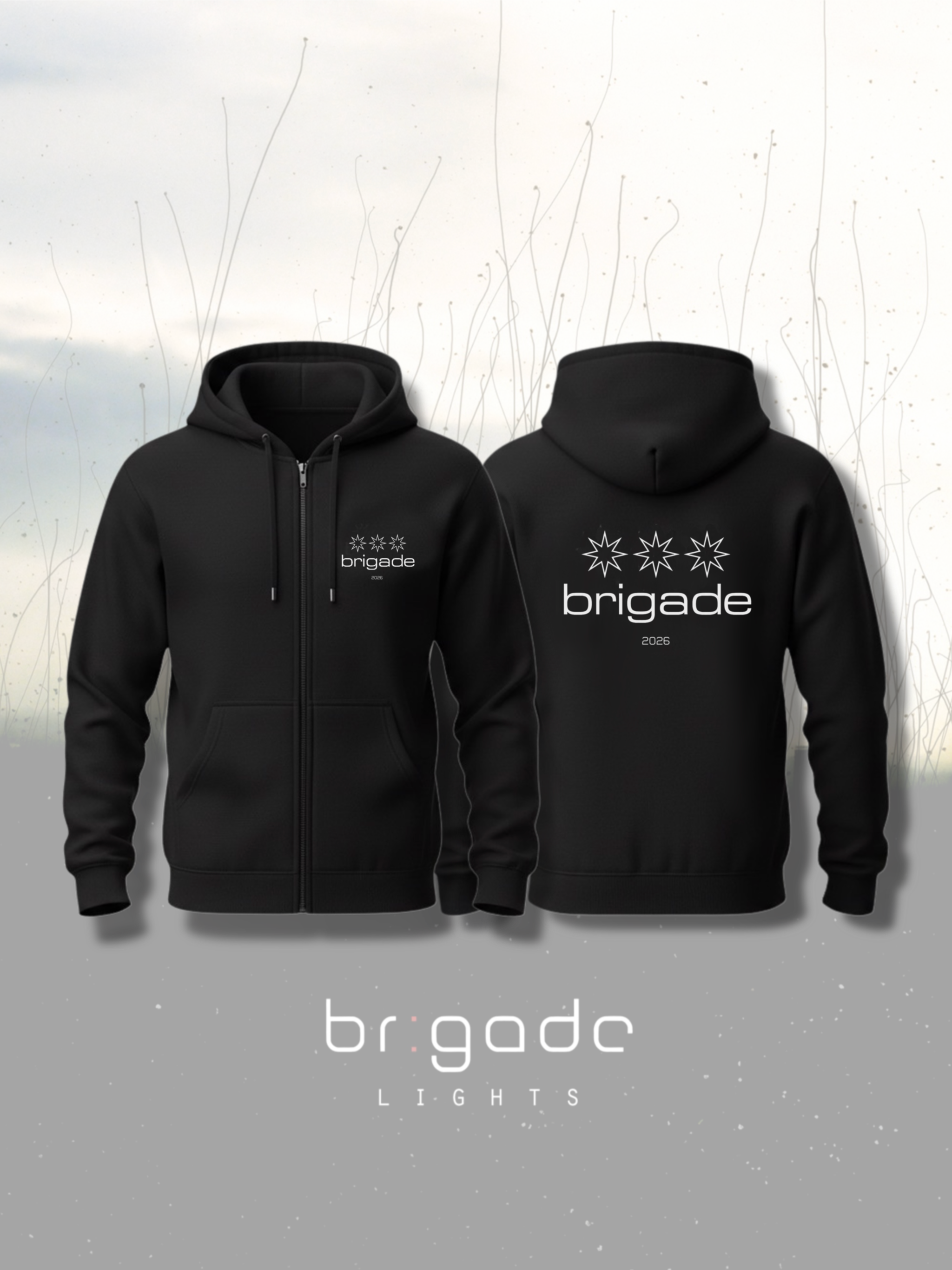 Black hoodie with 'brigade lights' branding on a light gray background